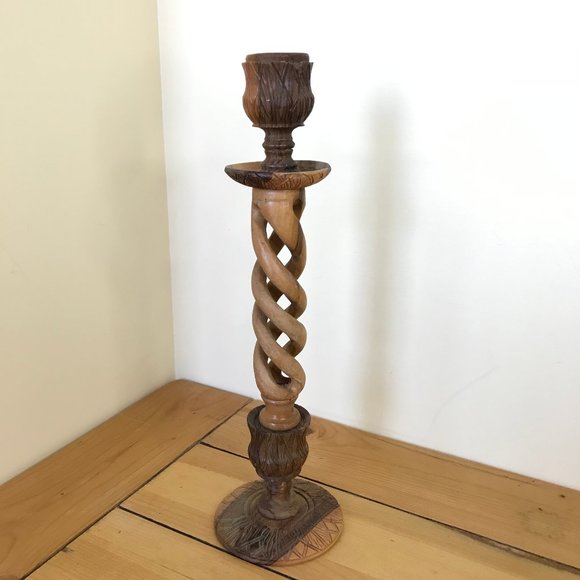Hand Crafted Accents Olive Wood Carved Spiral Candle Holder Made In